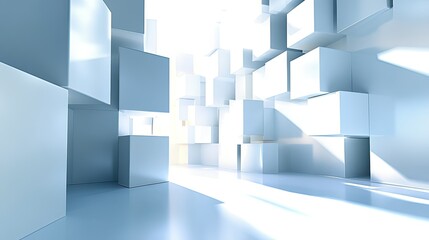 Abstract 3D space with white cubes and soft lighting, creating a serene atmosphere.