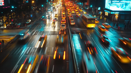 Przyspieszona scena ruchu miejskiego z szybkimi zmianami świateł i nieustającym przepływem samochodów na zatłoczonych ulicach.