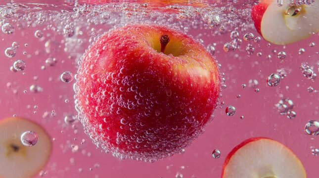 red apple wallpaper and red apple slices in ice water on a pink background which looks very fresh. Virtual 4K video animation background with looping time lapse with very smooth graphics.