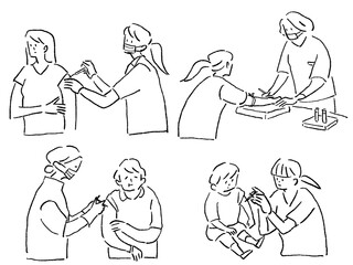 医療、介護系のお仕事（注射、ワクチン、予防接種）、線画