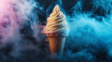 Ice cream cone with colorful mist backdrop, creative dessert concept