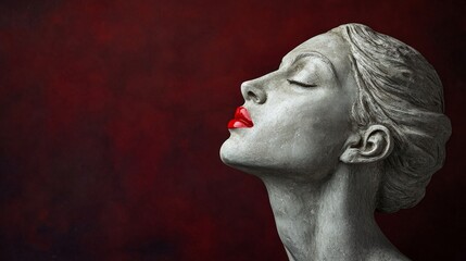 Fototapeta premium side profile of a stone sculpture with red lips against a dark red background
