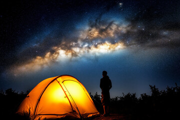 A lone man standing near his illuminated camp tent at night, gazing up at the brilliant Milky Way stretched across the dark sky