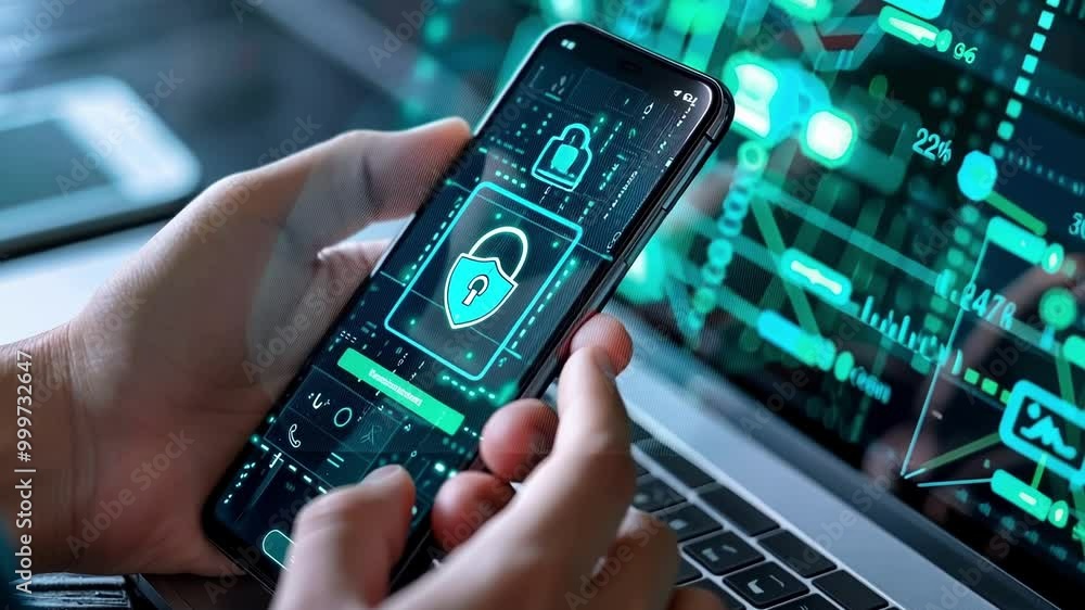 Poster businessman is using a smartphone with a padlock icon displayed on the screen, symbolizing mobile se