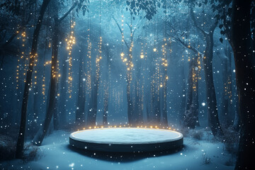 Christmas Cylindrical Stage for Promotions. Luxury Cylindrical Stand with Christmas trees. New Year Sale Round Table. Round podium and gold light garlands. Realistic 3D Studio in snowy forest.