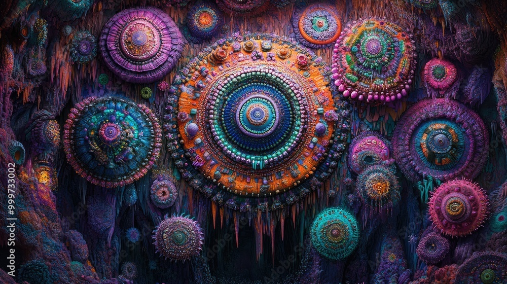 Poster a vibrant, abstract depiction of circular patterns resembling a colorful underwater ecosystem.