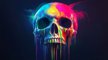 Colorful skull with dripping paint on a dark background