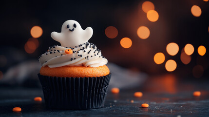 Cupcake with ghost decoration on top, halloween theme with bokeh lights effect. Festive dessert and spooky concept