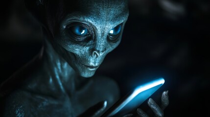 Obraz premium alien with glowing eyes holding a smartphone in the dark, futuristic technology concept