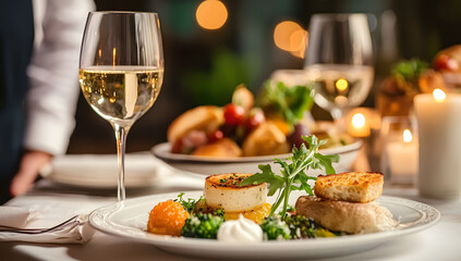 A luxurious dinner table set with fine dining dishes, wine glasses, and candles in the background.Dinner Party with wine and tasty food. 