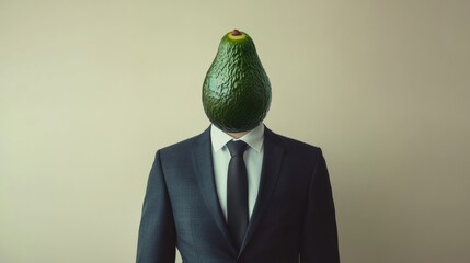 Surreal image of a man in a suit with an avocado for a head, conceptual art. Creativity and imagination concept