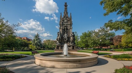 Fototapeta premium A decorative fountain surrounded by greenery and benches in a park setting.