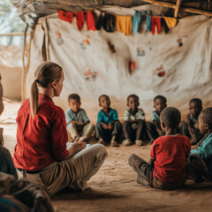 Fototapeta premium A mid-shot of a humanitarian worker teaching a group of children in a refugee camp, highlighting the importance of education in crisis situations. 