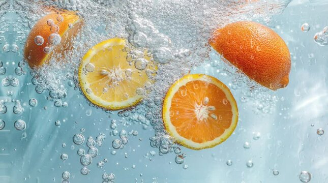 lemon in water splash. Virtual 4K video animation background with looping time lapse with very smooth graphics.