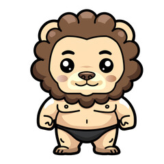 A cartoon lion in a bathing suit with a smiling expression.