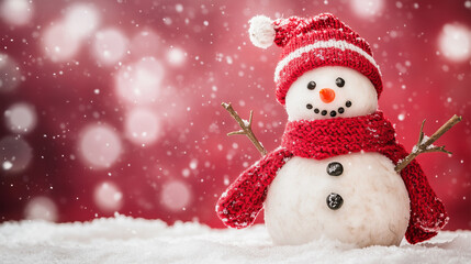 Cute little Snowman in Closeup cute tiny Snowman waving . 3D Winter Pattern, falling snow space for text. Christmas New Year Falling Snow Wallpaper. red hat. Happy winter smiling white snow man.