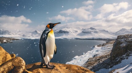 Fototapeta premium A Majestic King Penguin Standing on a Cliff with Snow-Covered Mountains in the Background