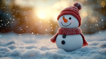 Obraz premium Cheerful snowman with red hat and scarf in snowy landscape at sunset. Winter holiday mood concept