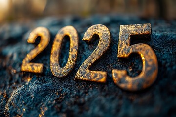 Golden numbers 2025 on a dark textured background