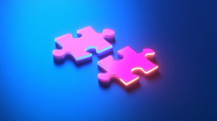 Fototapeta premium Two glowing pink puzzle pieces on blue background