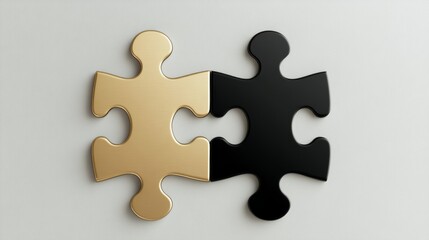 Obraz premium Two interlocking puzzle pieces in gold and black on a light background. Concept of connection and partnership