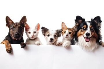 Pets looking at an adoption sign, encouraging people to adopt them