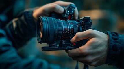 Close-up of a photographer's hand adjusting the lens of a camera.