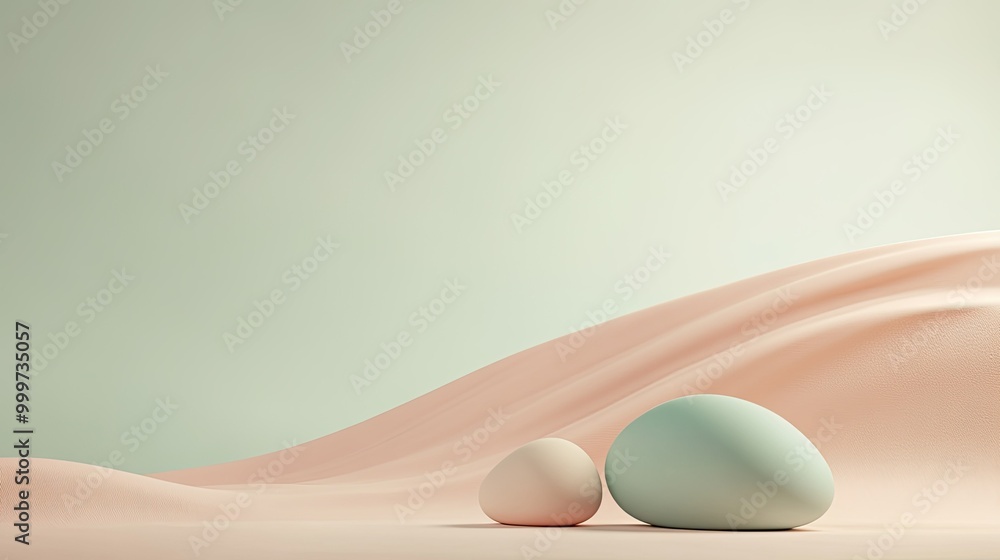 Aufkleber a minimalist scene featuring two eggs on soft, undulating surfaces with a serene color palette.