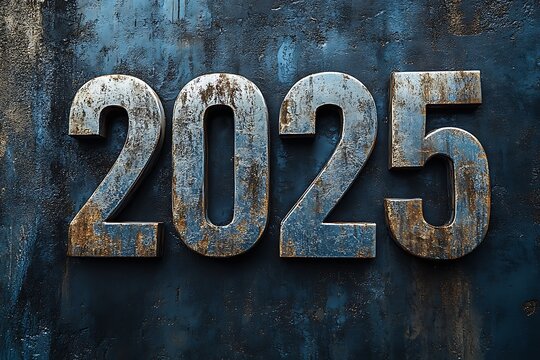 Rusty metal numbers 2025 on a dark blue background