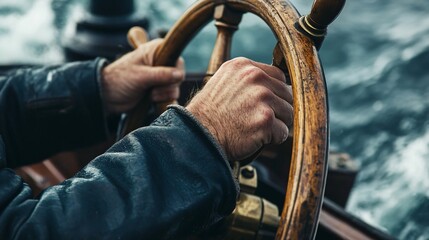 Close-up of a sailor's hand on a wooden ship's wheel with the sea in the background.