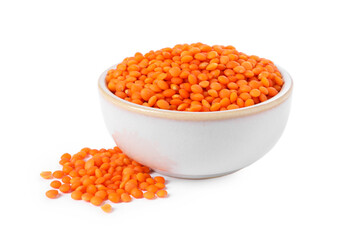 Raw lentils in bowl isolated on white
