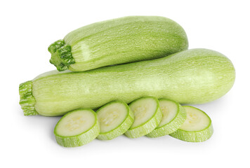 Fresh whole and cut zucchinis isolated on white