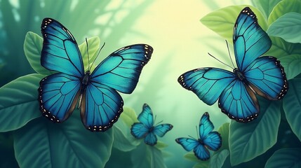 Blue butterflies fluttering among green leaves in nature