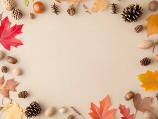 Autumn leaves, pine cones, and acorns arranged in a border on a beige background. Flat lay composition with copy space. Fall season and nature concept for design and print