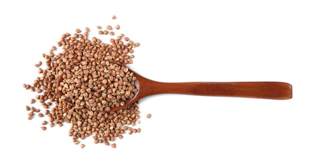 Raw buckwheat in wooden spoon isolated on white, top view