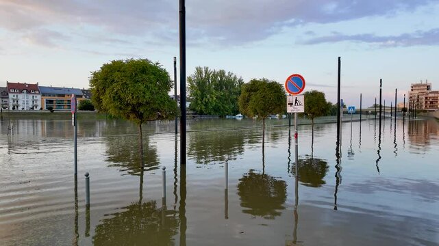 Floods on the river R&aacute;ba in Győr Hungary - high water levels