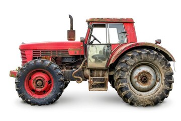 An old red tractor sitting on a white surface