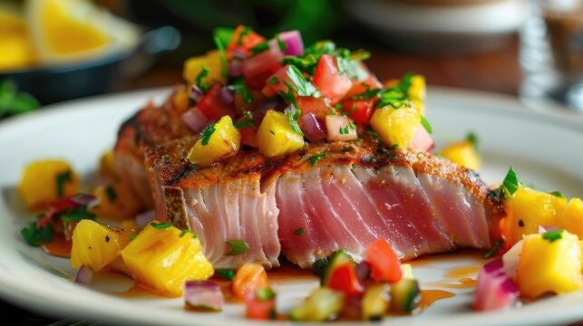 Perfectly seared ahi tuna steak with a vibrant pineapple-mango salsa and crispy wonton strips.