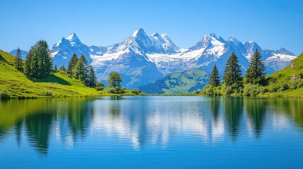 Fototapeta premium A serene mountain landscape with a clear lake reflecting snow-capped peaks and lush greenery.