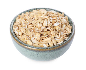 Dry oat flakes in bowl isolated on white