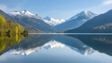Naklejka premium Scenic mountain landscape with a serene lake reflecting snow-capped peaks and lush greenery.