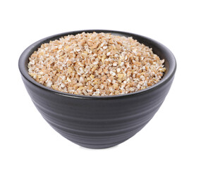 Dry wheat groats in bowl isolated on white
