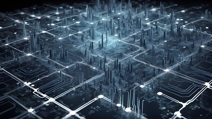Abstract digital city with glowing lines and circuit board pattern.