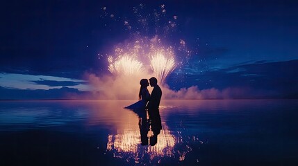 Obraz premium A romantic couple kisses silhouetted against a vibrant fireworks display over a calm water surface.