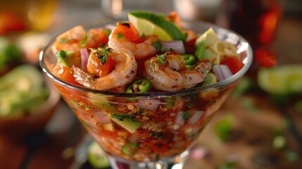 Spicy Mexican shrimp cocktail with diced onions, tomatoes, and avocado.