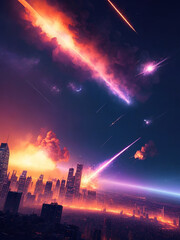 Fototapeta premium sci-fi scene of the meteorites explodes in the sky above the city, digital art style, illustration painting