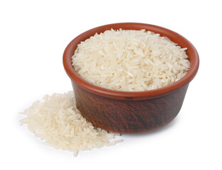 Raw rice in bowl isolated on white