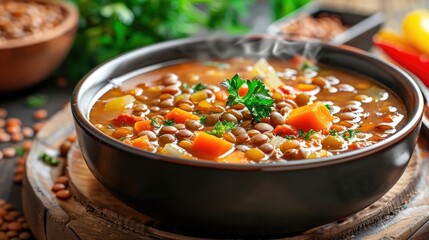 Steaming bowl of hearty lentil and vegetable soup garnished with parsley.