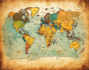 Vintage world map illustration with rich colors and a textured background, perfect for educational materials, travel blogs, or home decor, Use it to evoke a sense of adventure and exploration,