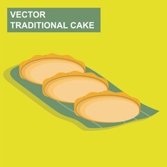 Vector illustration of traditional Indonesian Pukis cake, beautifully arranged on a banana leaf and plate. The delicious snack has a golden brown exterior, soft texture, and chocolate and sprinkles